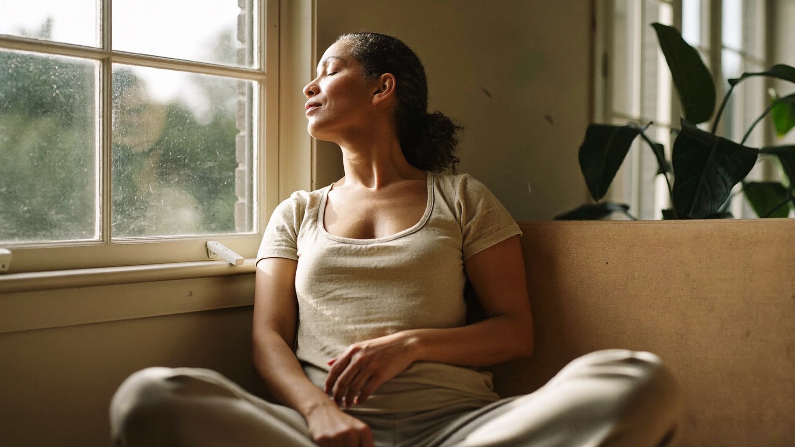 A woman sitting by a sunlit window with her eyes closed, taking a slow relaxed breath