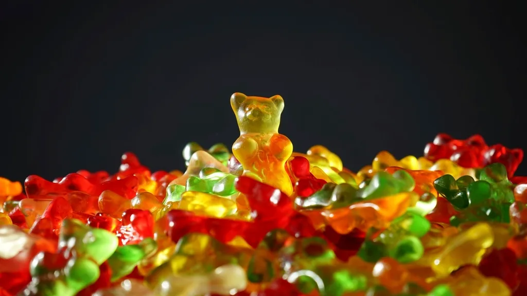 A single translucent gummy bear standing on a pile of red, green, and yellow gummies against a dark background