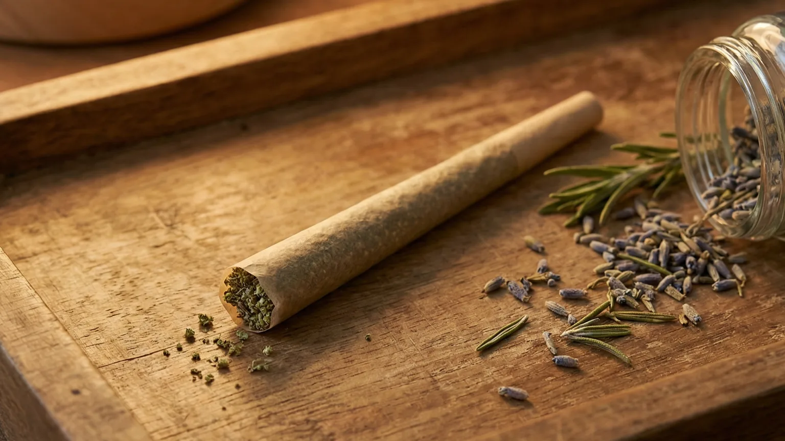 A single cannabis pre-roll resting on a wooden rolling tray beside dried botanicals in warm evening light